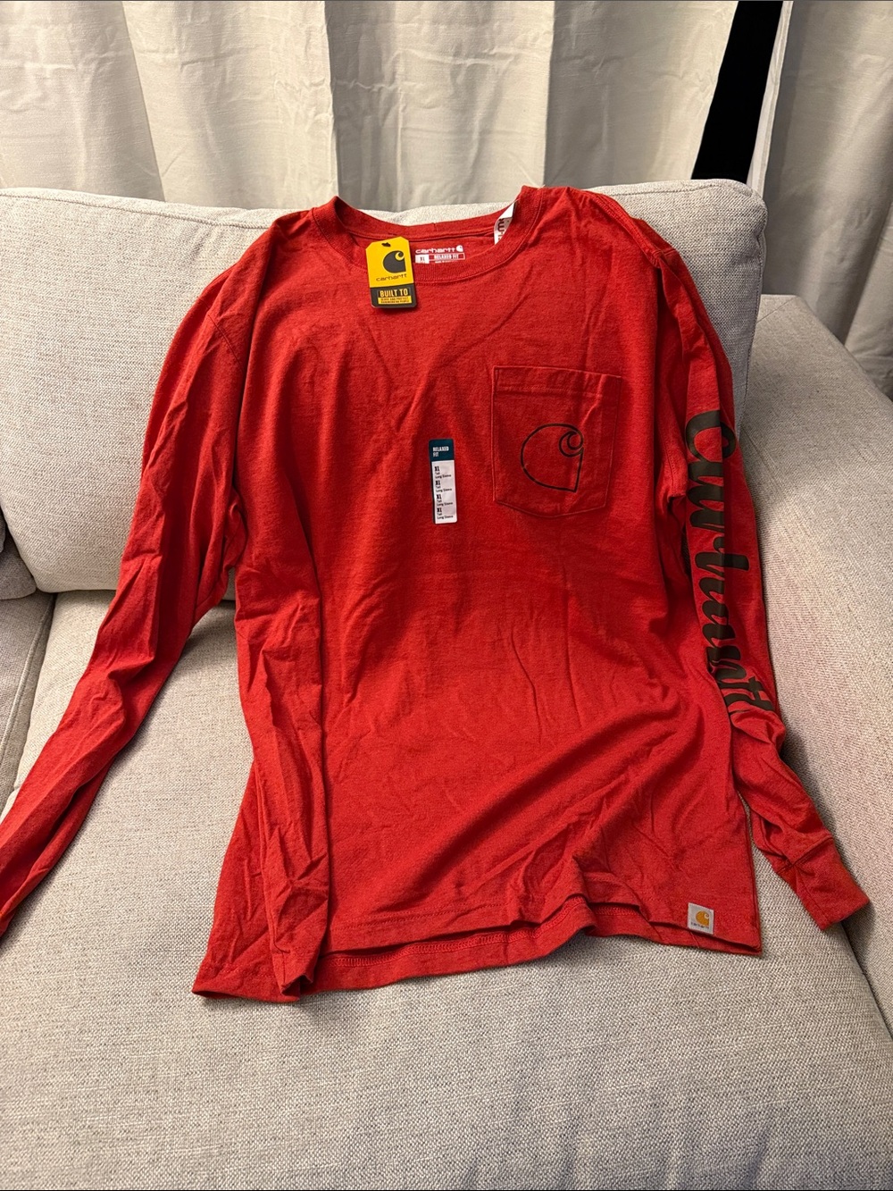 Carhartt Red Long Sleeve Pocket Tee with Sleeve Script